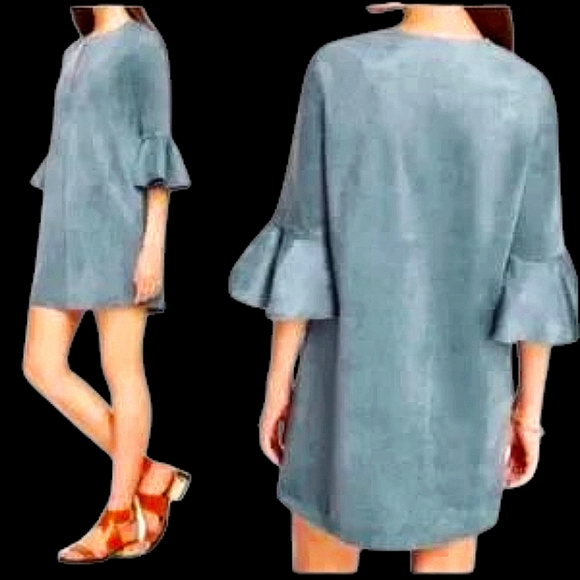 BCBGMAXARIA Catier Faux Suede Dusty Blue Mini Dress With Bell Sleeves - Picture 1 of 13